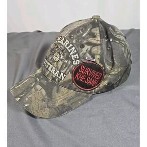 US Marine Veteran Hat Cap Adjustable Camo With Logo Pin Survived Khe Sanh Patch